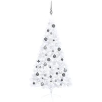 Belyst halv plastgran med kulor vit 150 cm vidaXL