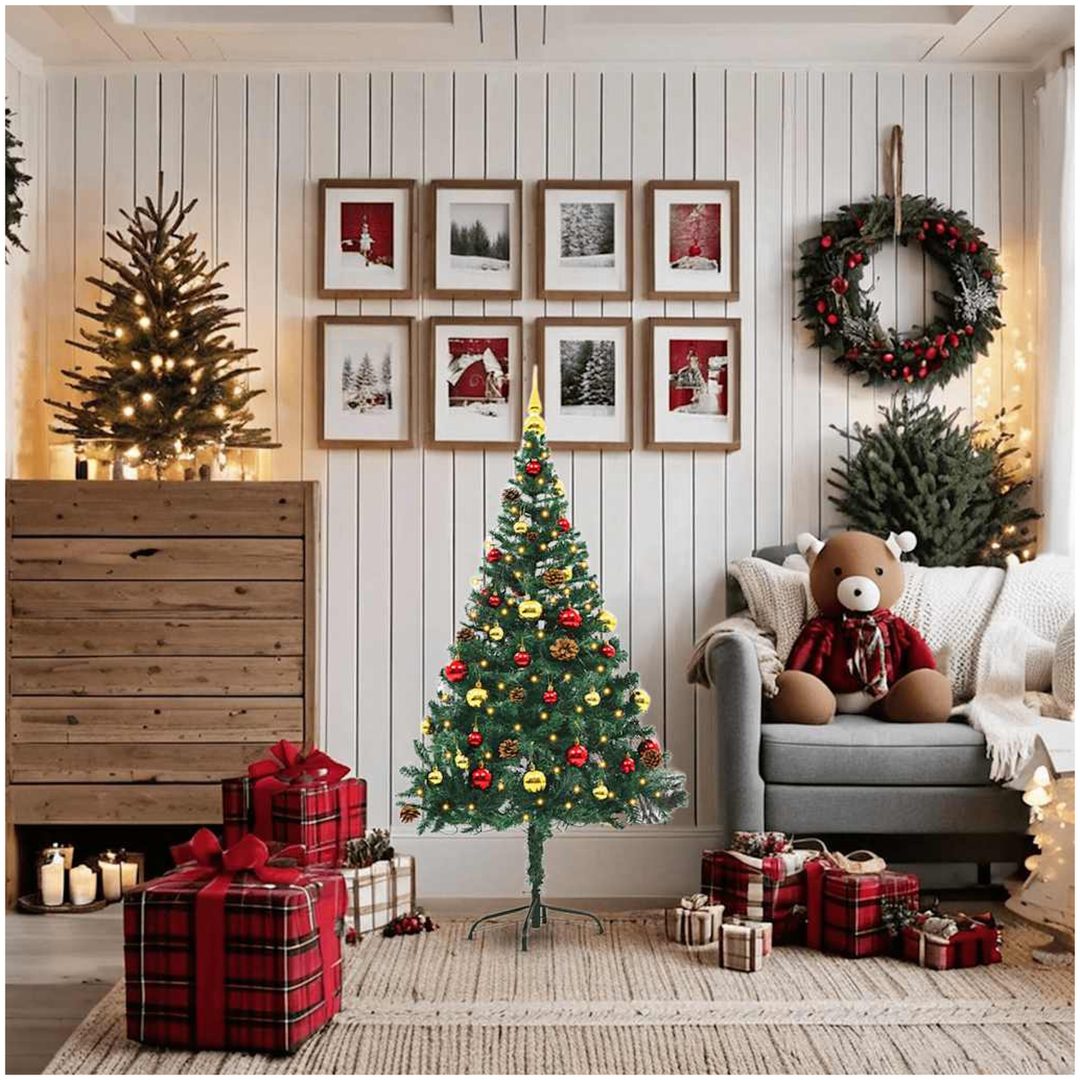 Belyst plastgran dekorerad med julkulor grön 150 cm vidaXL 150 x 80 cm – bild 2