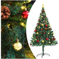 Belyst plastgran dekorerad med julkulor grön 150 cm vidaXL