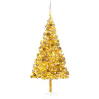 Belyst plastgran med kulor guld 210 cm PET vidaXL