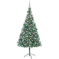 Belyst plastgran med kulor och kottar 210 cm vidaXL