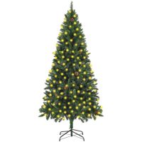 Belyst plastgran med kulor och kottar grön 210 cm vidaXL