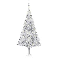 Belyst plastgran med kulor silver 210 cm PET vidaXL