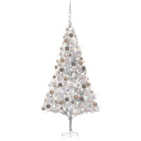 Belyst plastgran med kulor silver 210 cm PET vidaXL