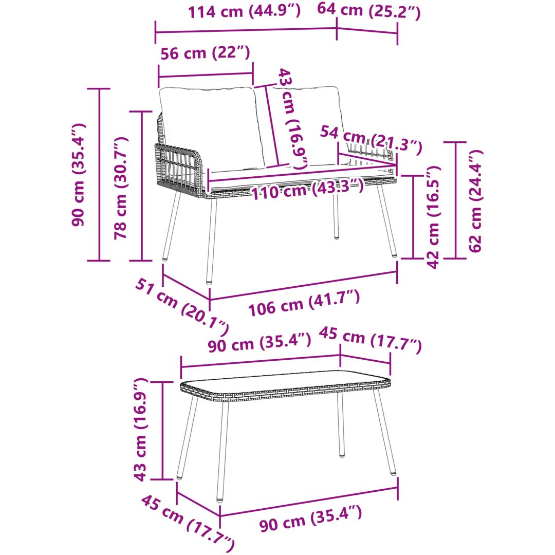 Bistro-set med dynor 2 delar svart konstrotting vidaXL 90 x 45 x 43 cm, 106 x 51 x 90 cm – bild 11