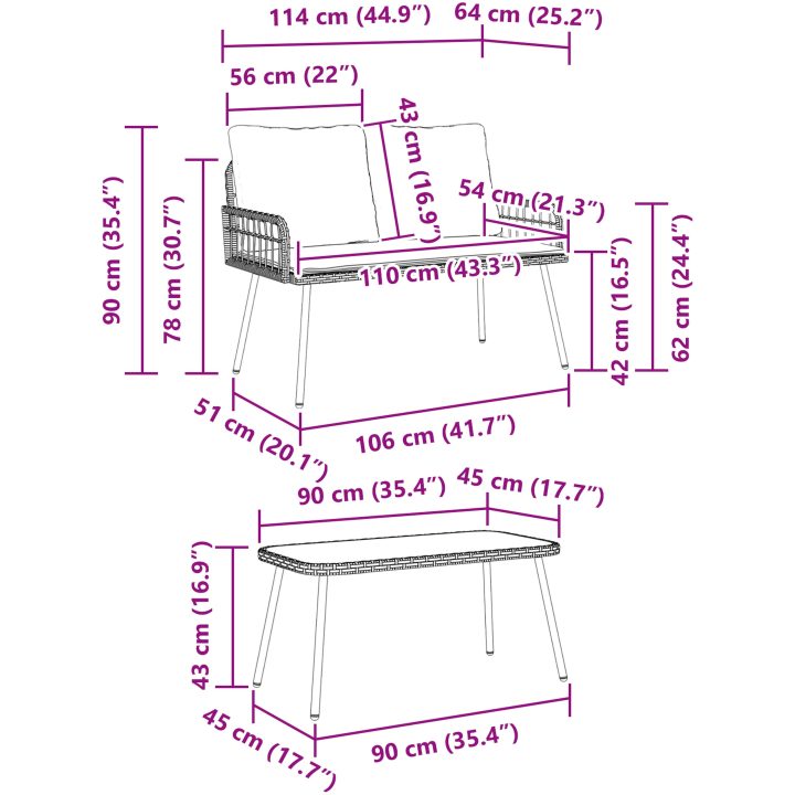 Bistro-set med dynor 2 delar svart konstrotting vidaXL 90 x 45 x 43 cm, 106 x 51 x 90 cm – bild 11