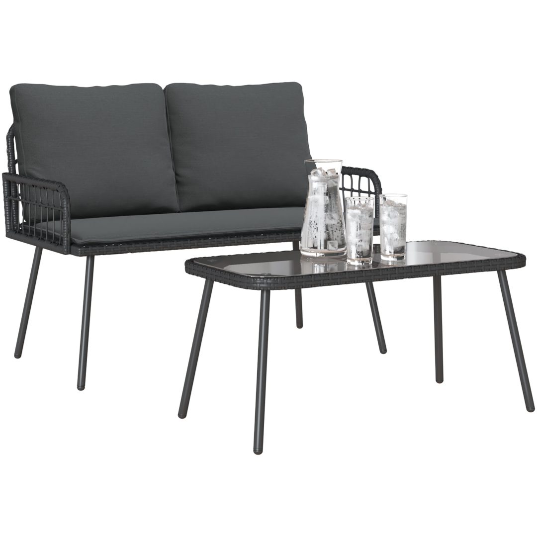 Bistro-set med dynor 2 delar svart konstrotting vidaXL 90 x 45 x 43 cm, 106 x 51 x 90 cm – bild 3