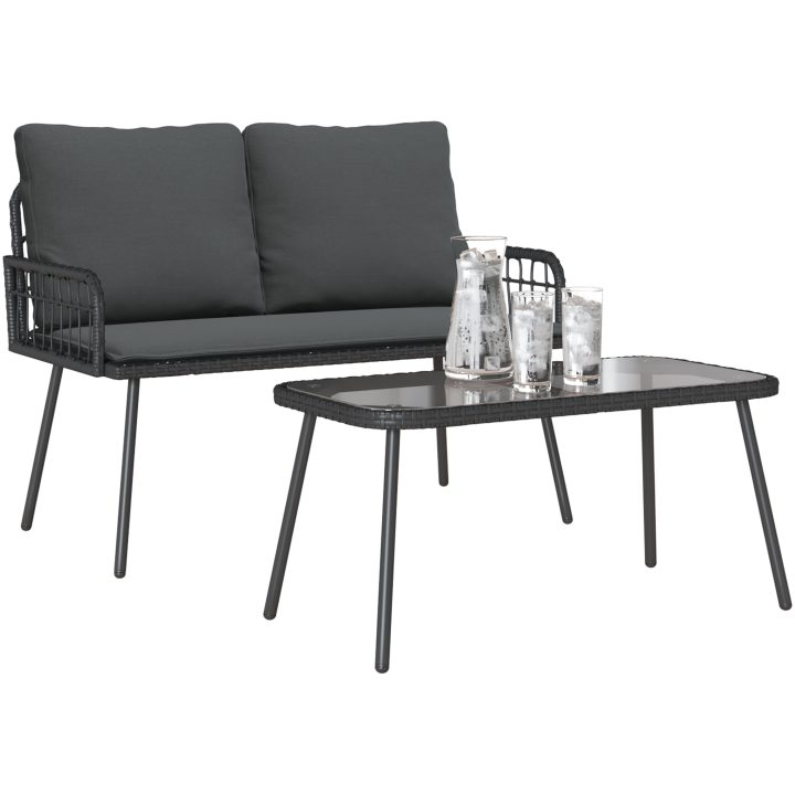 Bistro-set med dynor 2 delar svart konstrotting vidaXL 90 x 45 x 43 cm, 106 x 51 x 90 cm – bild 3