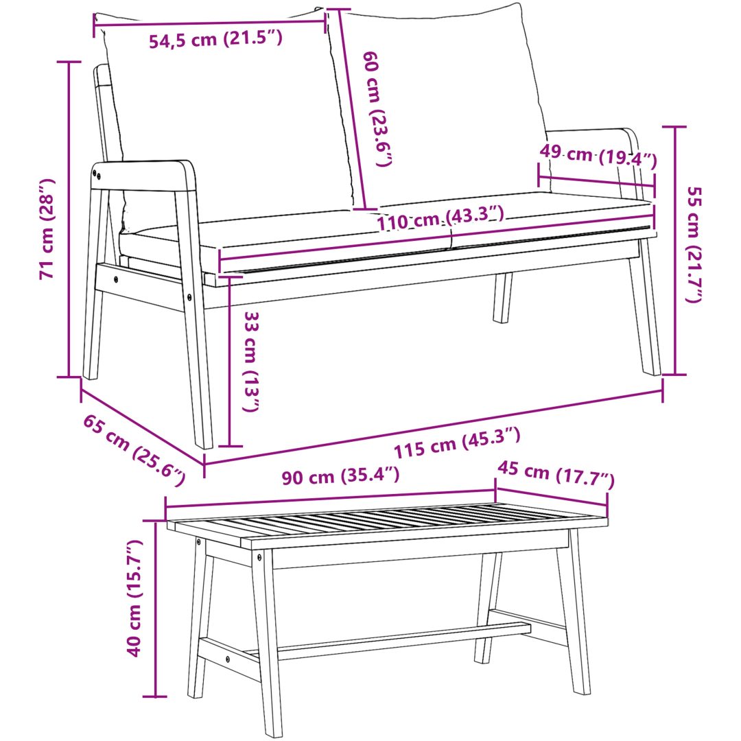 Bistro-set med dynor 3 delar massivt akaciaträ vidaXL 90 x 45 x 40 cm, 115 x 65 x 71 cm – bild 9