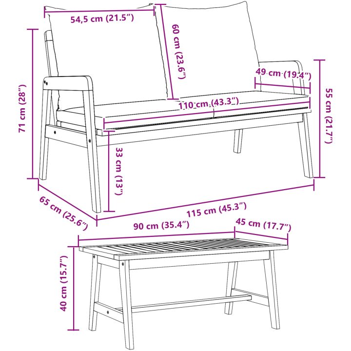 Bistro-set med dynor 3 delar massivt akaciaträ vidaXL 90 x 45 x 40 cm, 115 x 65 x 71 cm – bild 9