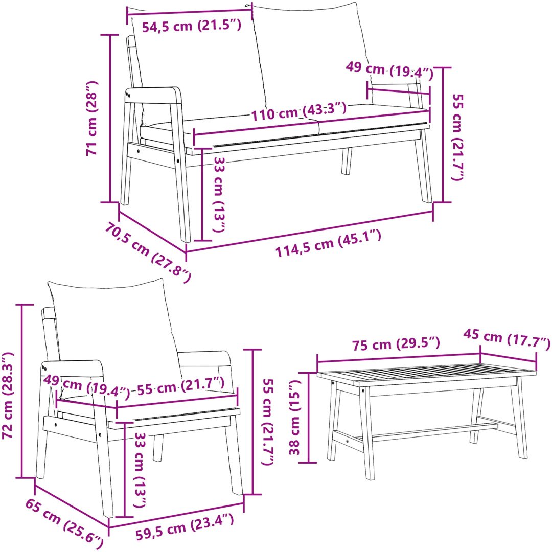 Bistro-set med dynor 4 delar massivt akaciaträ vidaXL 114,5 x 70,5 x 71 cm, 75 x 45 x 38 cm, 65 x 59,5 x 7 – bild 10