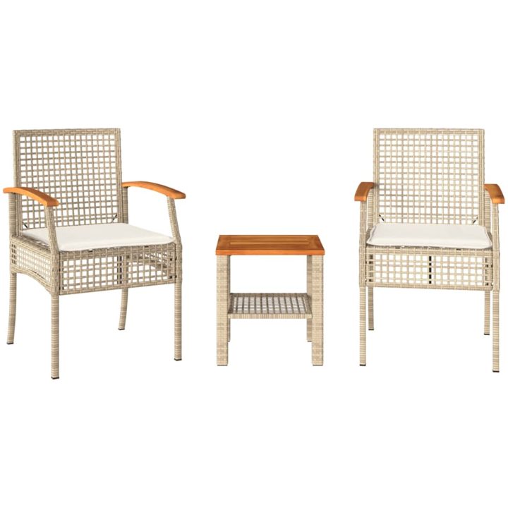 Bistrogrupp 3 delar med dynor beige konstrotting akaciaträ vidaXL – bild 2