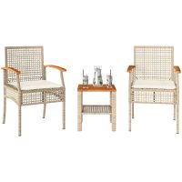 Bistrogrupp 3 delar med dynor beige konstrotting akaciaträ vidaXL