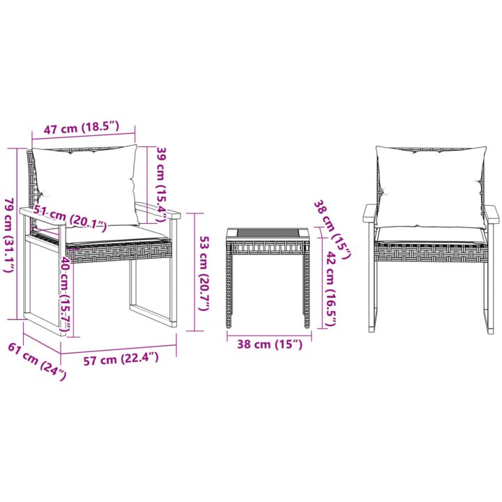 Bistrogrupp 3 delar med dynor mixbeige konstrotting akaciaträ vidaXL – bild 11