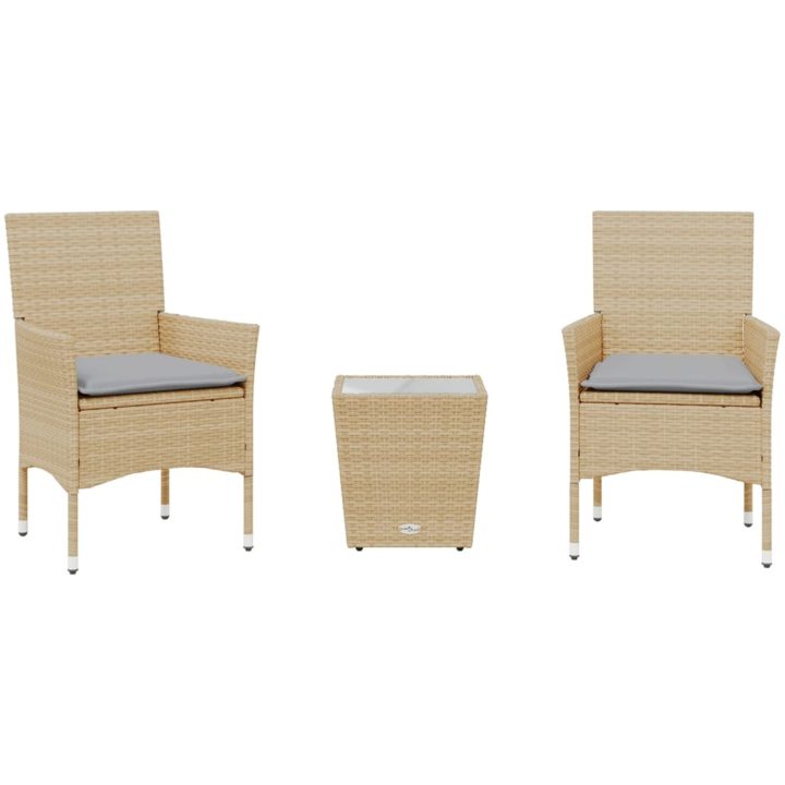 Bistrogrupp med dynor 3 delar beige konstrotting och glas vidaXL – bild 2