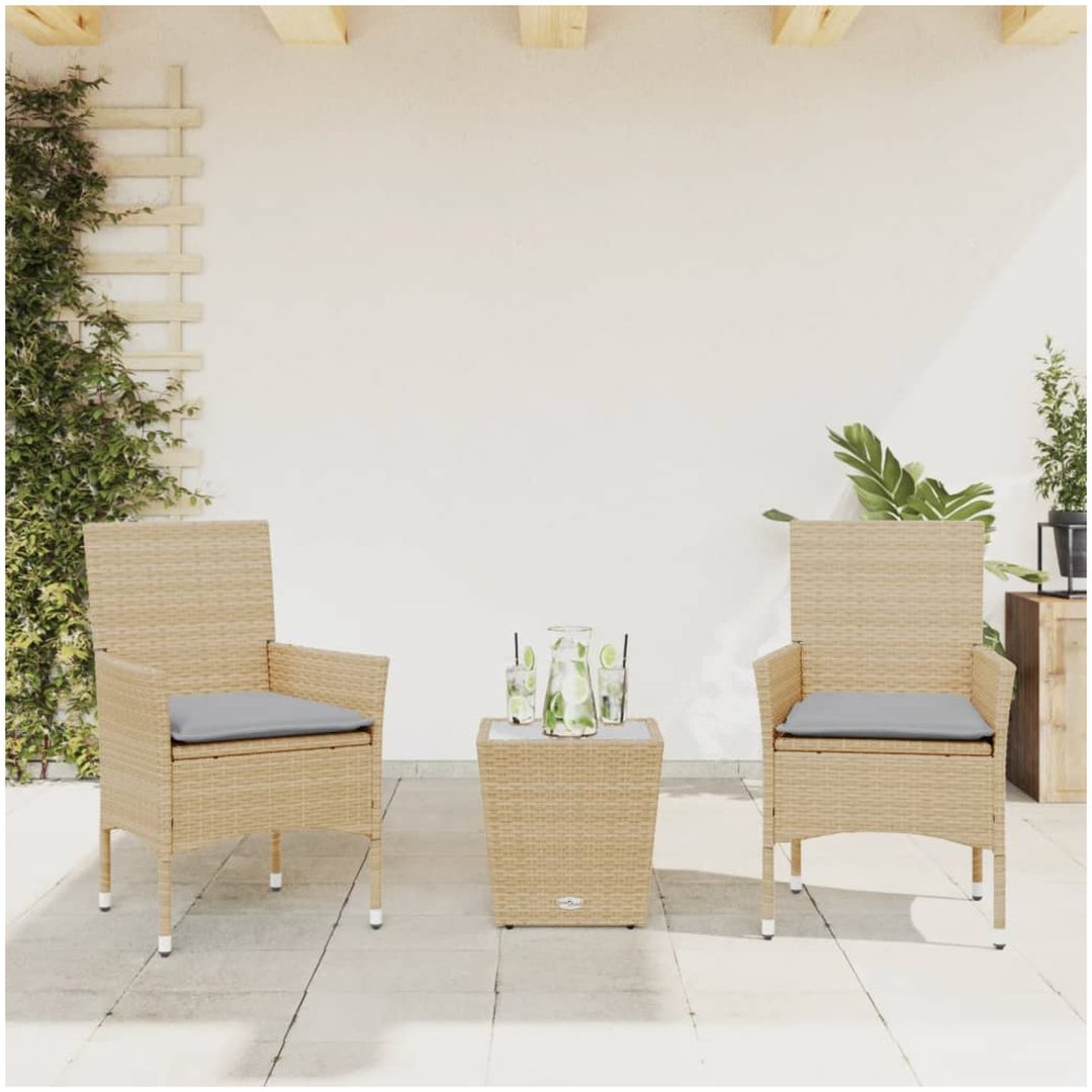 Bistrogrupp med dynor 3 delar beige konstrotting och glas vidaXL