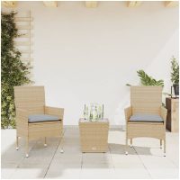 Bistrogrupp med dynor 3 delar beige konstrotting och glas vidaXL