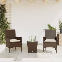 Bistrogrupp med dynor 3 delar brun konstrotting och glas vidaXL
