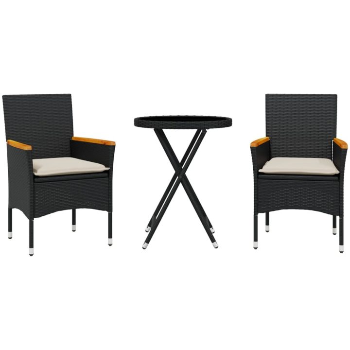 Bistrogrupp med dynor 3 delar svart konstrotting och glas vidaXL – bild 2