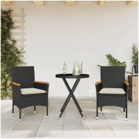 Bistrogrupp med dynor 3 delar svart konstrotting och glas vidaXL