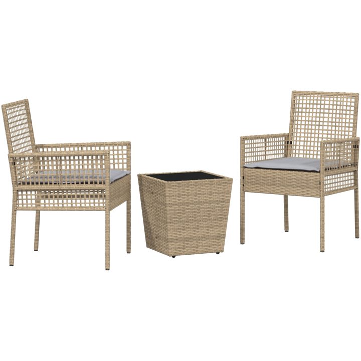 Bistroset för trädgården 3 delar med dynor beige konstrotting vidaXL Liten – bild 2