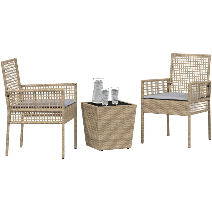 Bistroset för trädgården 3 delar med dynor beige konstrotting vidaXL Liten – bild 3