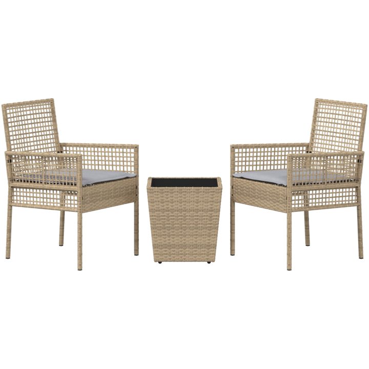 Bistroset för trädgården 3 delar med dynor beige konstrotting vidaXL Liten – bild 7