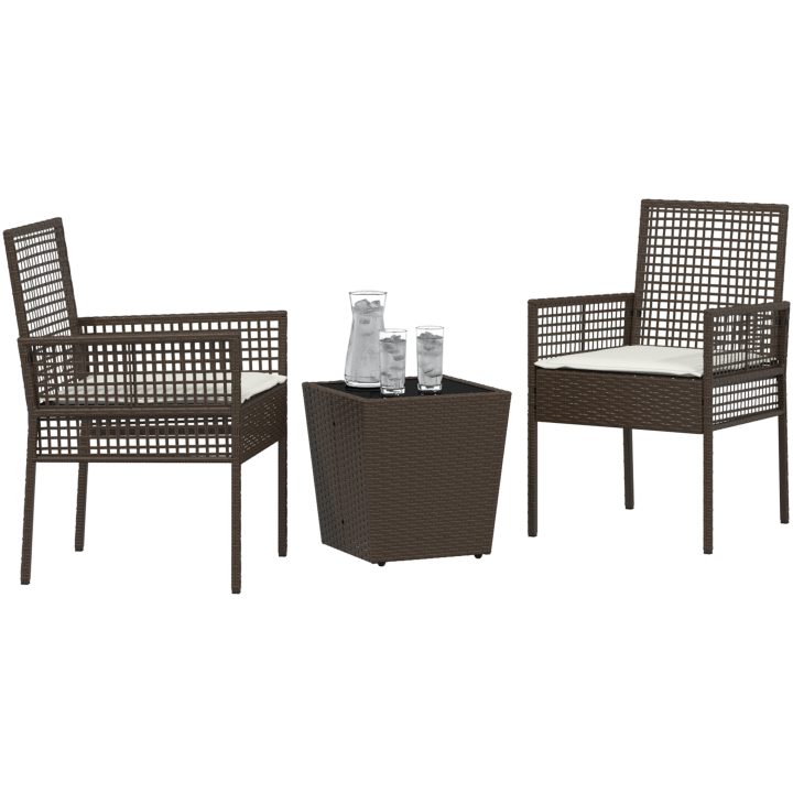 Bistroset för trädgården 3 delar med dynor brun konstrotting vidaXL Liten – bild 3