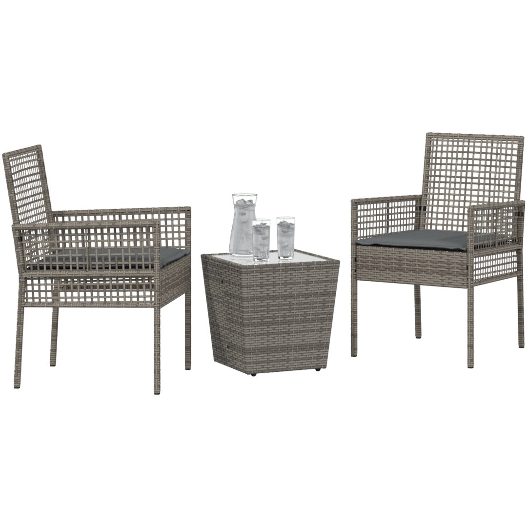 Bistroset för trädgården 3 delar med dynor grå konstrotting vidaXL Compact – bild 3