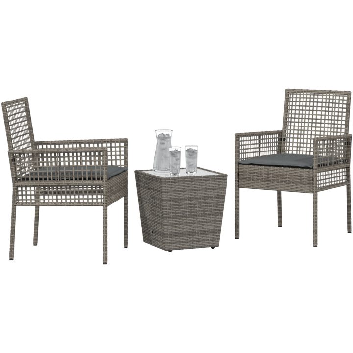 Bistroset för trädgården 3 delar med dynor grå konstrotting vidaXL Compact – bild 3