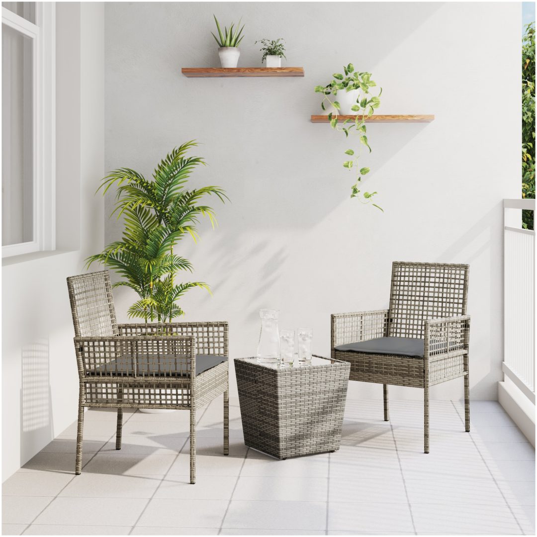 Bistroset för trädgården 3 delar med dynor grå konstrotting vidaXL Compact