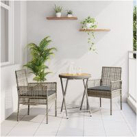 Bistroset för trädgården 3 delar med dynor grå konstrotting vidaXL