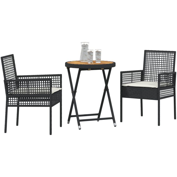 Bistroset för trädgården 3 delar med dynor svart konstrotting vidaXL Liten – bild 3