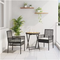 Bistroset för trädgården 3 delar med dynor svart konstrotting vidaXL