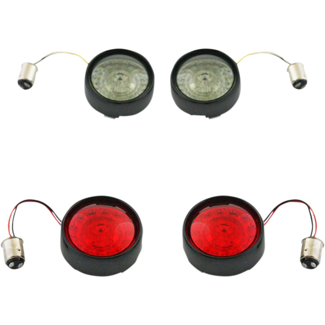 Blinkerskit Komplett Fram & Bak Med Bullet Bezel Linser Röd/Rökfärgad/Svart CUSTOM DYNAMICS Blinkersenhet