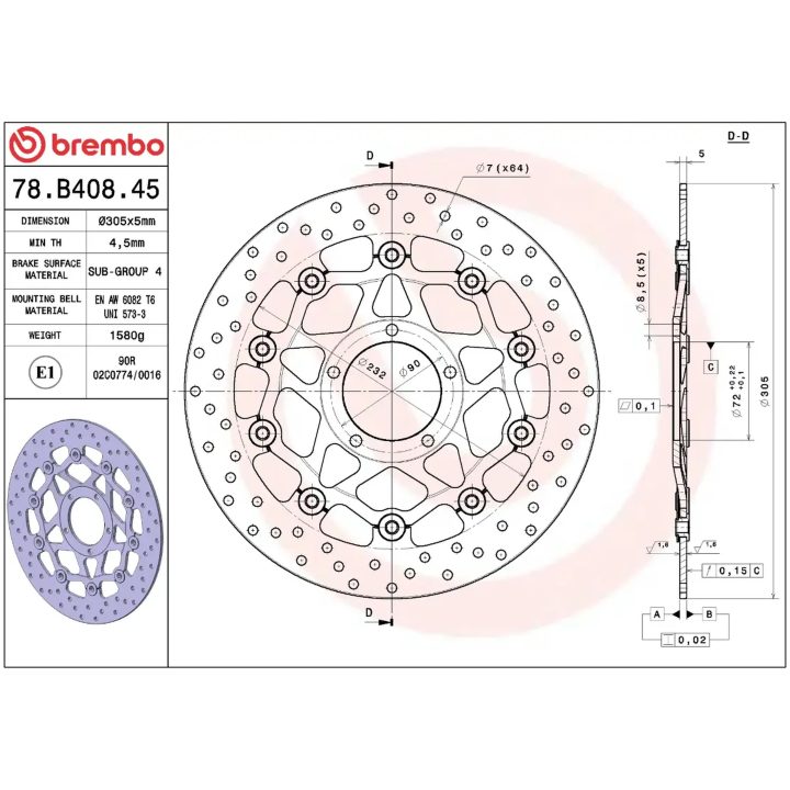 Bromsskiva Flytande Serie Oro Prime Line Borrad Rostfritt Stål BREMBO – bild 2