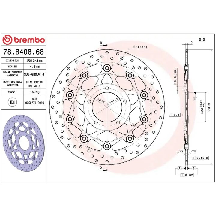 Bromsskiva Flytande Serie Oro Prime Line Borrad Rostfritt Stål BREMBO – bild 2