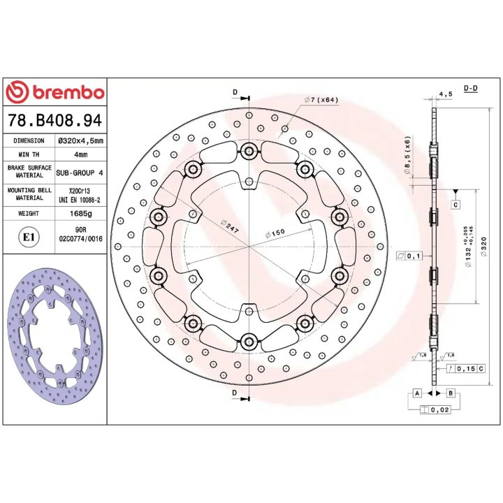 Bromsskiva Flytande Serie Oro Prime Line Borrad Rostfritt Stål BREMBO – bild 2