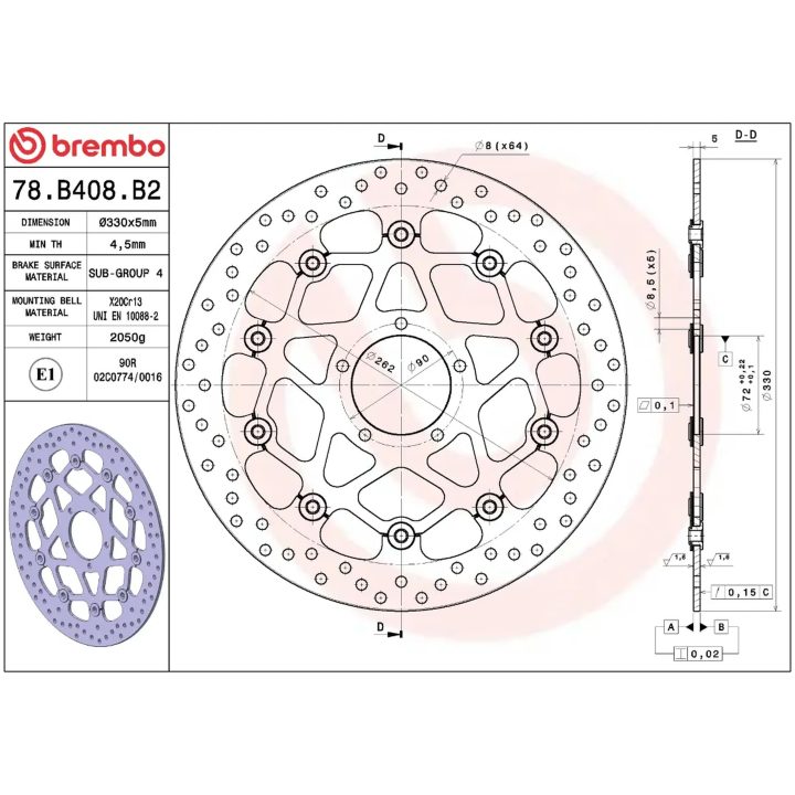 Bromsskiva Flytande Serie Oro Prime Line Borrad Rostfritt Stål BREMBO – bild 2