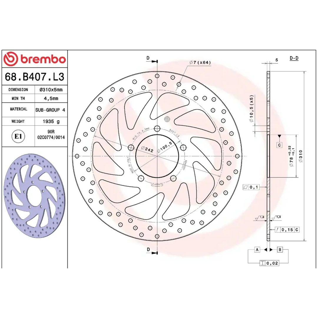 Bromsskiva SERIE ORO PRIME LINE Fast Borrad BREMBO – bild 2
