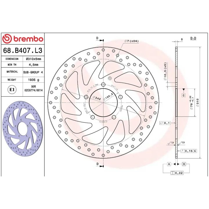 Bromsskiva SERIE ORO PRIME LINE Fast Borrad BREMBO – bild 2