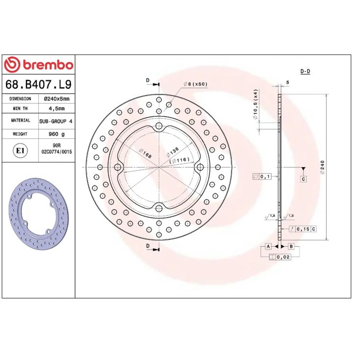 Bromsskiva Serie Oro Prime Line Fast Borrad Rostfri BREMBO – bild 2