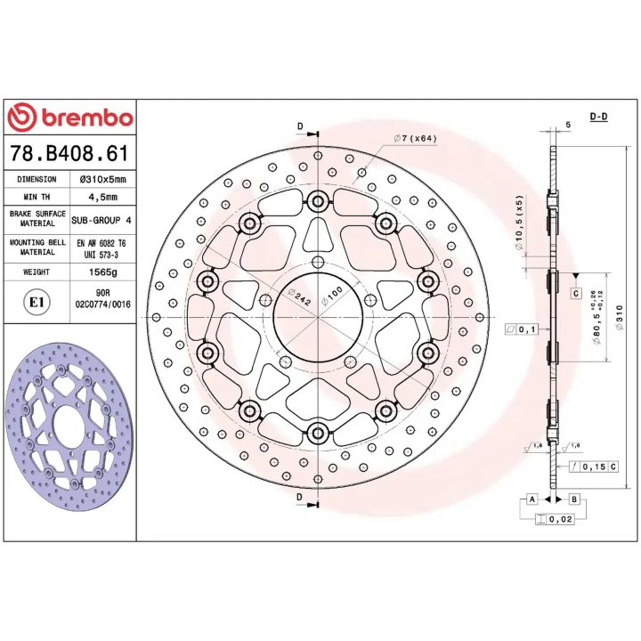 Bromsskiva Serie Oro Prime Line Flytande Borrad Rostfri Tvådelad BREMBO – bild 2