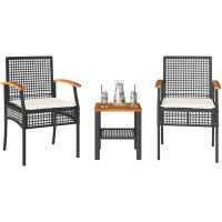 Caféset 3 delar med dynor konstrotting akaciaträ svart vidaXL