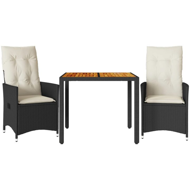 Caféset 3 delar med dynor svart konstrotting akaciaträ vidaXL 90 x 90 x 75 cm – bild 2
