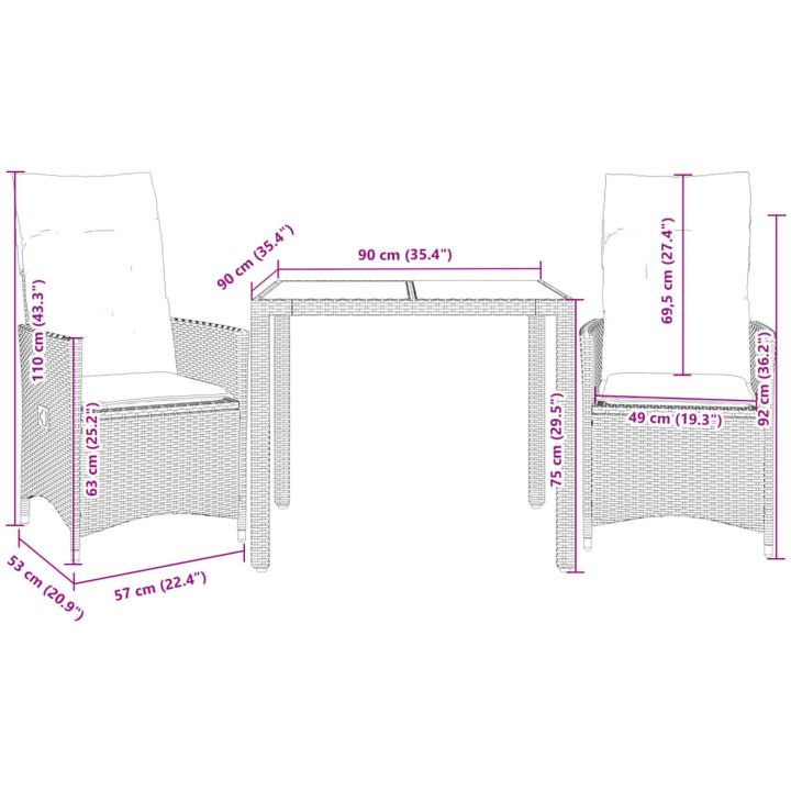 Caféset 3 delar med dynor svart konstrotting akaciaträ vidaXL 90 x 90 x 75 cm – bild 7