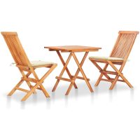 Caféset 3 delar med gräddvita dynor massiv teak vidaXL