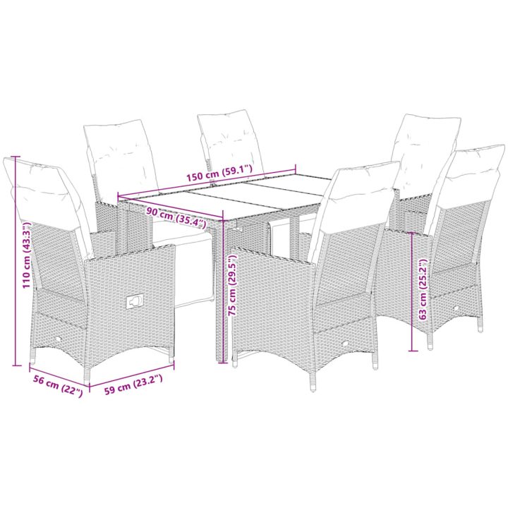 Caféset för trädgården 7 delar med dynor beige konstrotting vidaXL 150 x 90 x 75 cm – bild 7