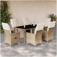 Caféset för trädgården 7 delar med dynor beige konstrotting vidaXL