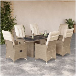 Caféset för trädgården 7 delar med dynor beige konstrotting vidaXL